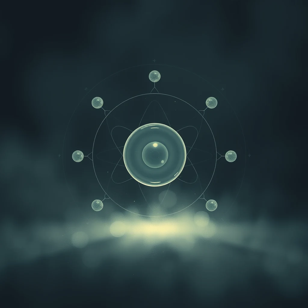 The image depicts an atom with six electrons orbiting around a central nucleus, symbolizing the Hoyle state, a concept predicted by Fred Hoyle in 1953 to explain the stability of carbon-12 nuclei at an excited energy level of 7.654 MeV above the ground state.