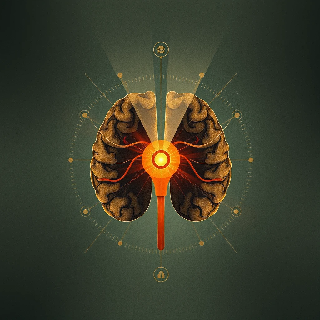 A cross-section of a brain with a glowing central structure symbolizes the hypothalamic-pituitary-adrenal (HPA) axis, highlighting its role in producing cortisol in response to stress.