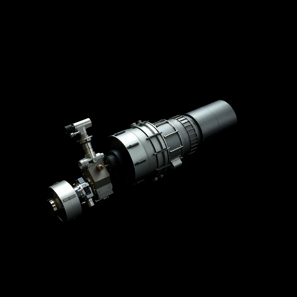 A detailed view of the Hubble Space Telescope, showcasing its cylindrical body and intricate mechanical components against a dark background.