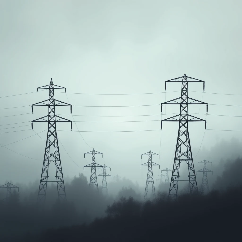 High-voltage power lines stretch across a misty landscape, symbolizing the transmission of electricity through high-voltage direct current technology.