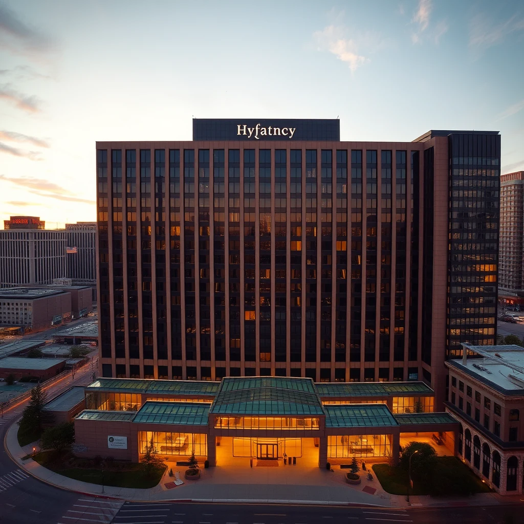 A Hyatt Regency Kansas City hotel stands tall with a glass-roofed atrium featuring three suspended skywalks, illuminated warmly against a sunset backdrop.