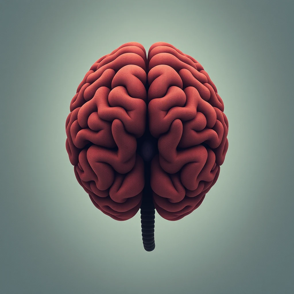 A red, detailed model of a brain with visible folds and a dark stem-like structure at the bottom, representing the hypothalamus.