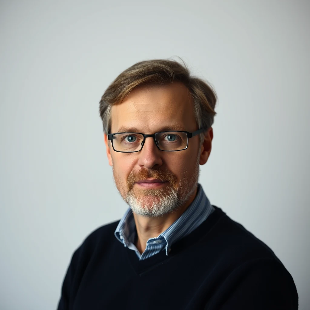 A man with short brown hair and glasses, wearing a dark sweater over a striped shirt, stands against a plain background.