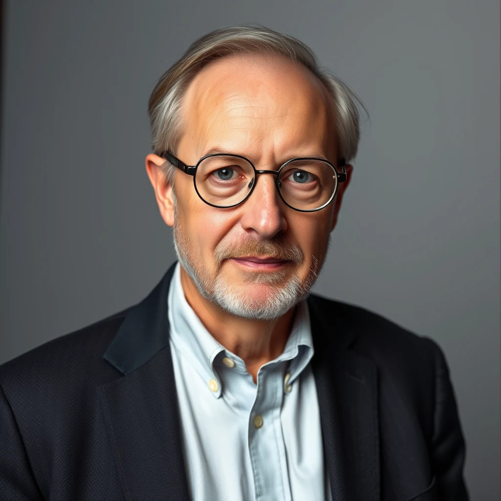 A man with gray hair and glasses, wearing a light blue shirt and dark blazer, stands against a neutral background.