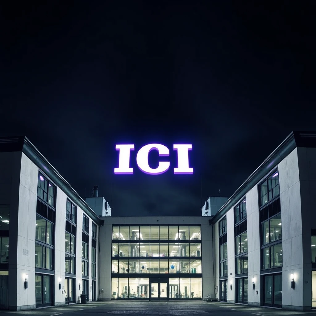 A modern building with large glass windows and illuminated by neon purple lights displaying the letters "ICI" at night.