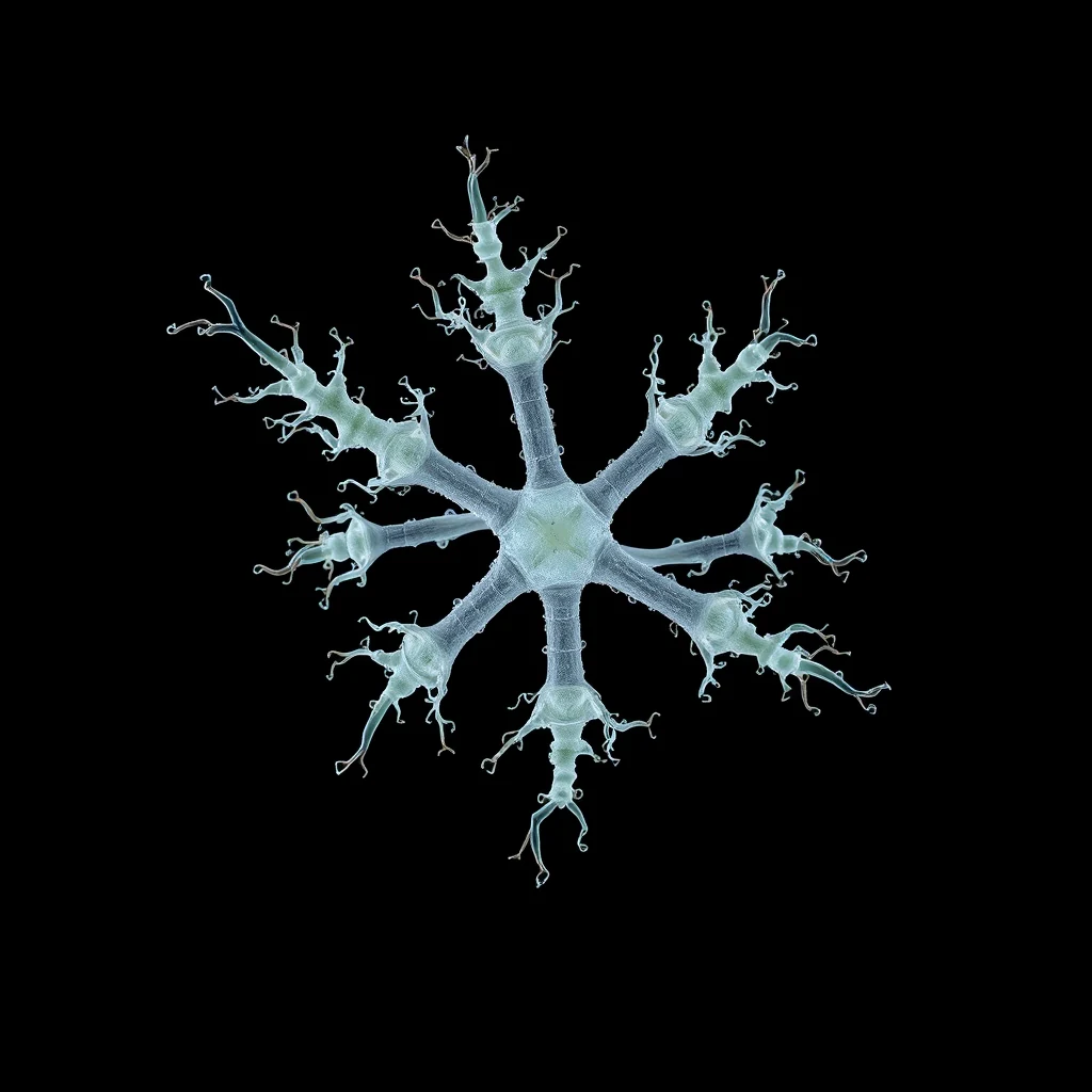 A translucent, star-shaped structure with multiple arms extending outward, resembling a snowflake, is shown against a black background. This structure is Ideonella sakaiensis, a bacterium discovered in 2016 that breaks down PET plastic using specific enzymes.