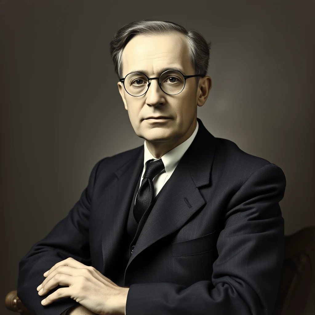 A man in a dark suit and tie sits with his hands clasped, wearing round glasses, against a neutral background.