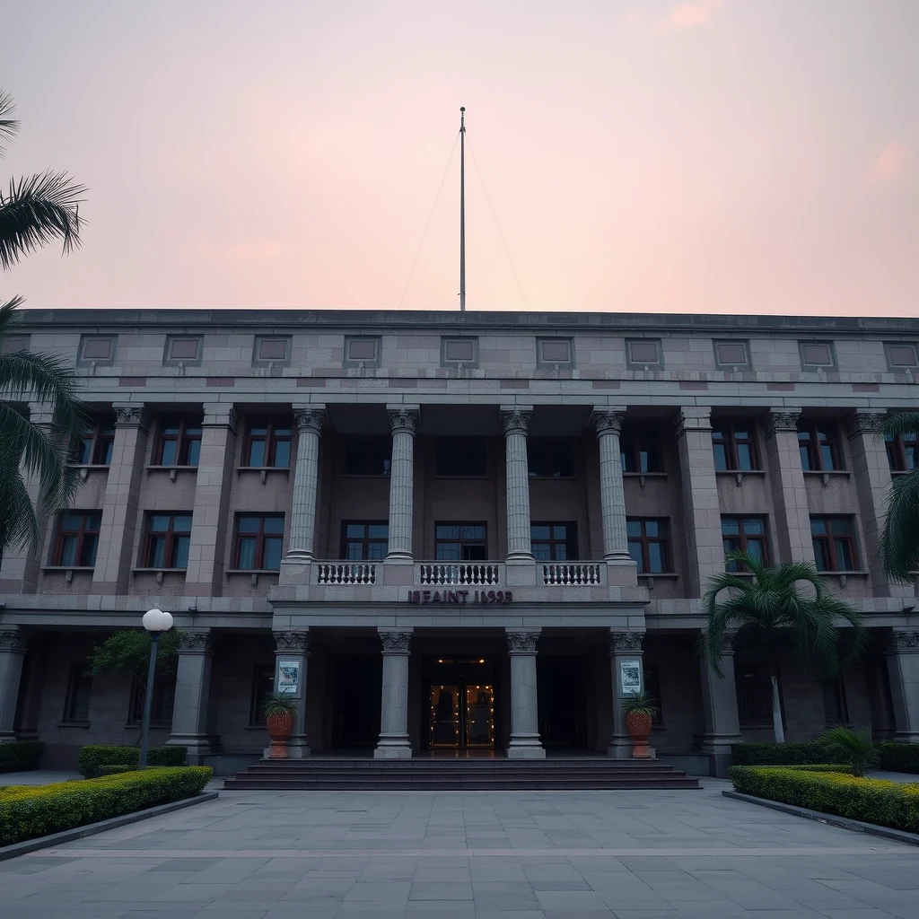 A grand building with classical architecture, featuring columns and a balcony, stands prominently under a soft sky, marking the Indian Institute of Technology at Kanpur, founded in 1959.