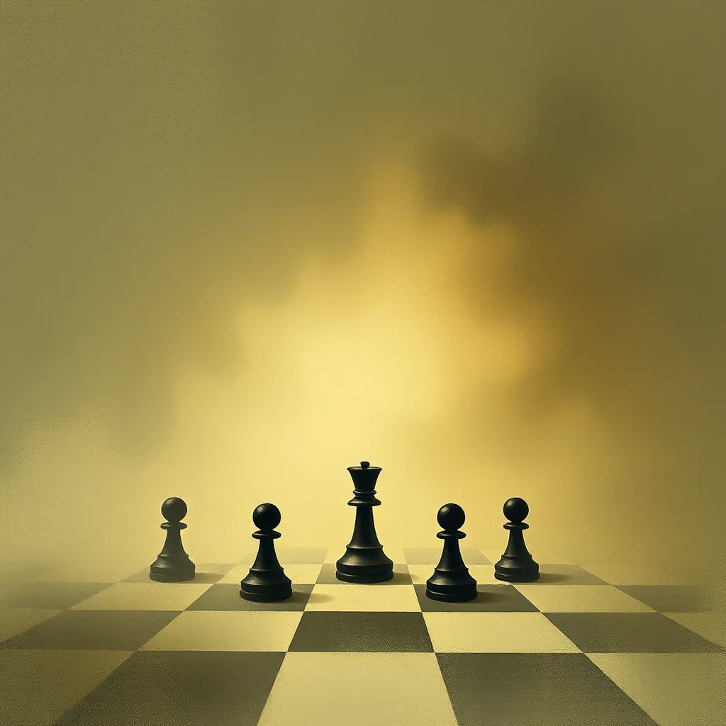 A chessboard with black pieces arranged in a line, including a king at the center, set against a gradient background with a glowing light source, symbolizing the concept of implicit learning.