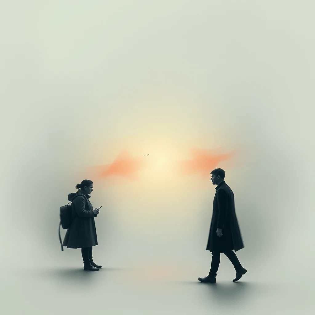 Two individuals walk past each other in a minimalist setting, with one person seemingly unaware of the other due to their focused gaze on a device, illustrating the concept of inattentional blindness.