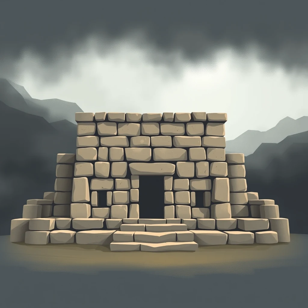 A stone structure with polygonal joints and an open doorway stands against a backdrop of mountains and a cloudy sky, showcasing Inca masonry techniques.