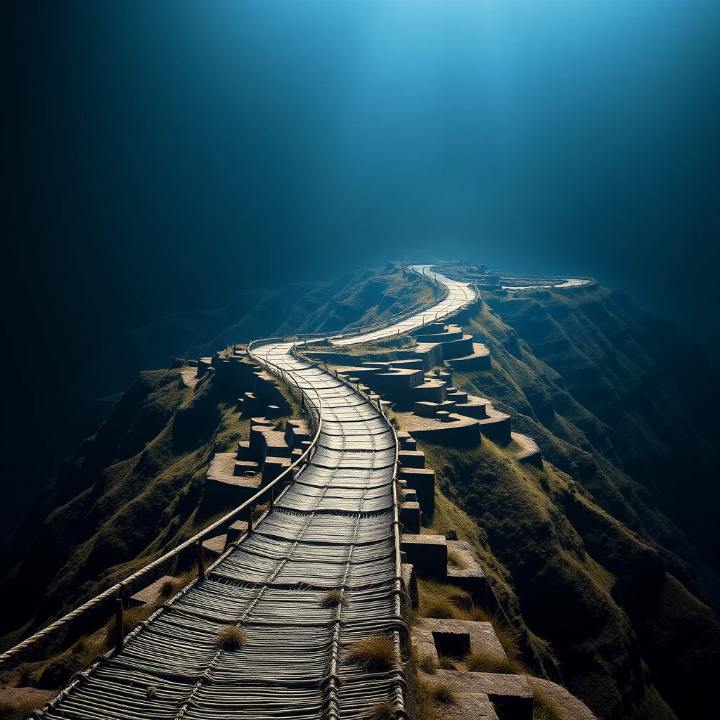 A winding Inca road network, known as the qhapaq ñan, snakes through rugged mountain terrain, showcasing the engineering prowess of the Inca empire.