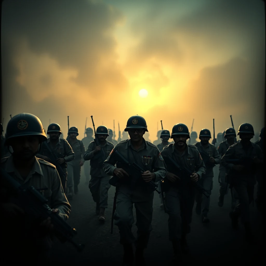 A group of soldiers in uniform march forward under a dramatic sky with the sun setting behind them, carrying rifles and wearing helmets.