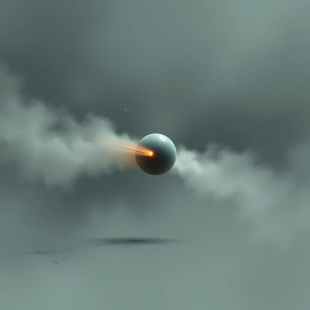 A sphere emits a trail of glowing particles as it moves through a misty environment, illustrating the concept of inertia where an object resists changes in its motion.