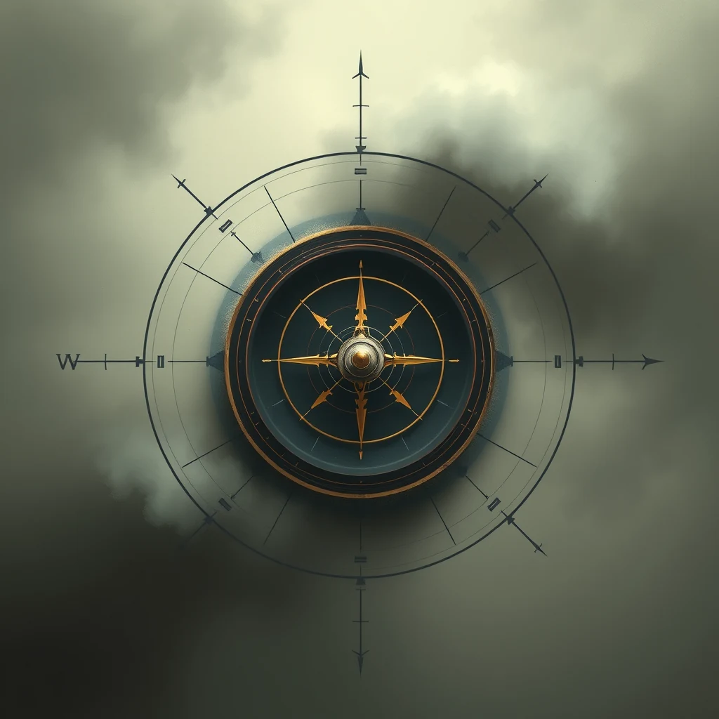 A compass with golden pointers and directional markers against a cloudy sky symbolizes the concept of inertial navigation, which uses accelerometers and gyroscopes to determine position, velocity, and orientation independently.