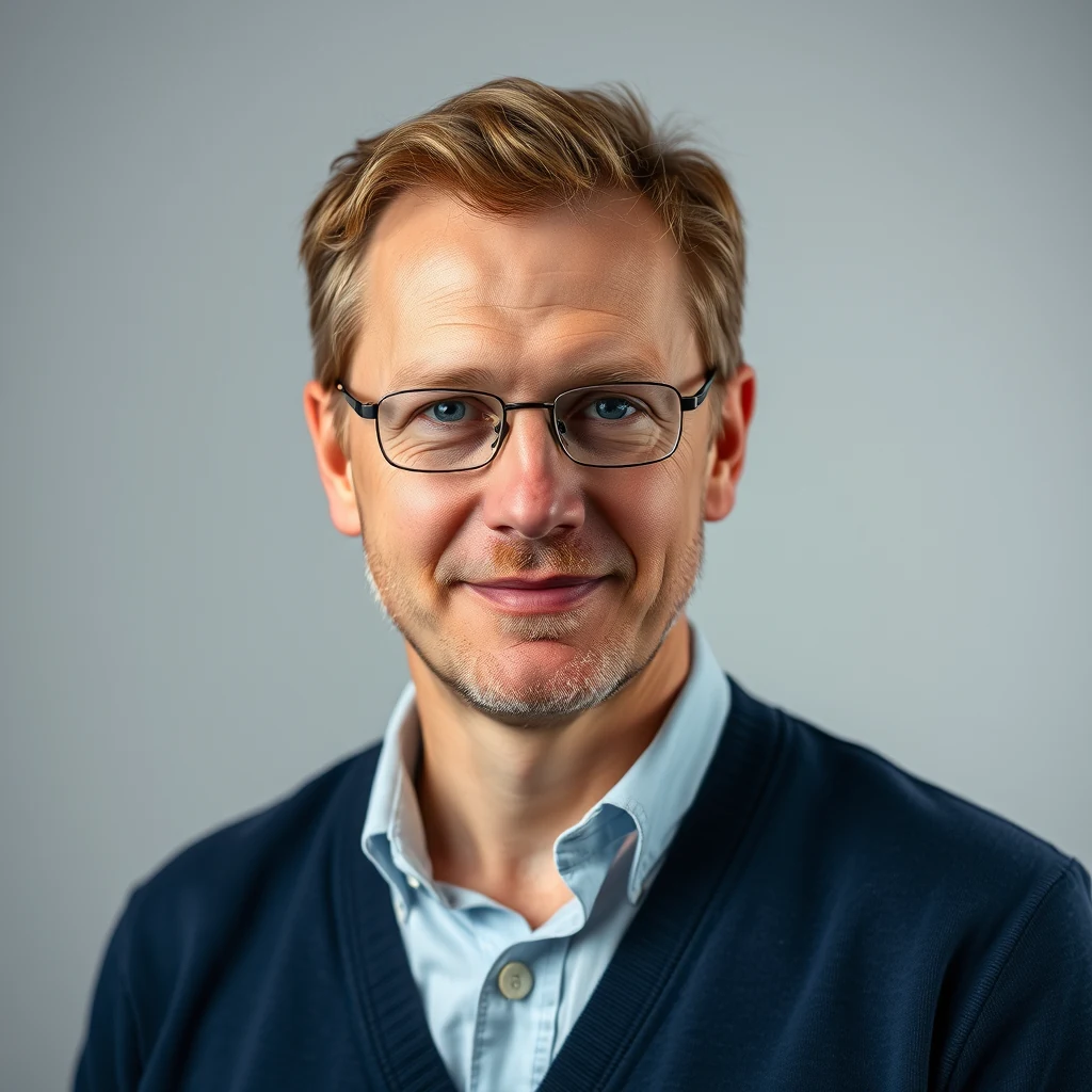 A man with short blonde hair and glasses is wearing a dark blue cardigan over a light blue shirt, smiling gently against a plain background.