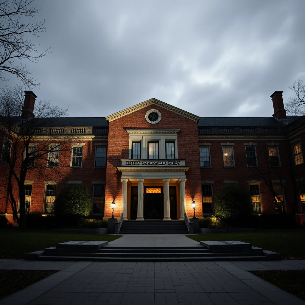 A grand red-brick building with a central entrance flanked by columns and illuminated by warm lights, set against a cloudy sky, represents the Institute for Advanced Study, an independent research center founded in Princeton in 1930.
