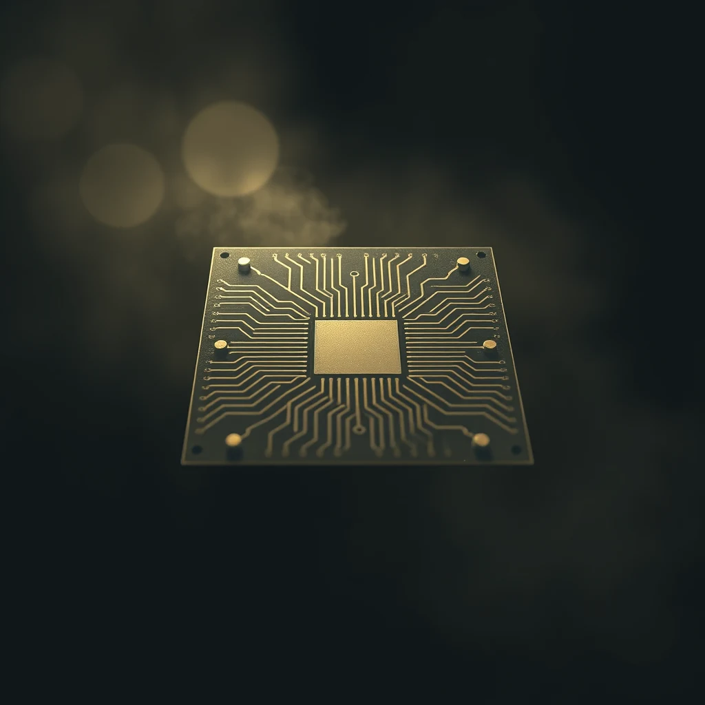 A close-up view of an integrated circuit with a central square component and intricate gold-colored wiring on a dark background.