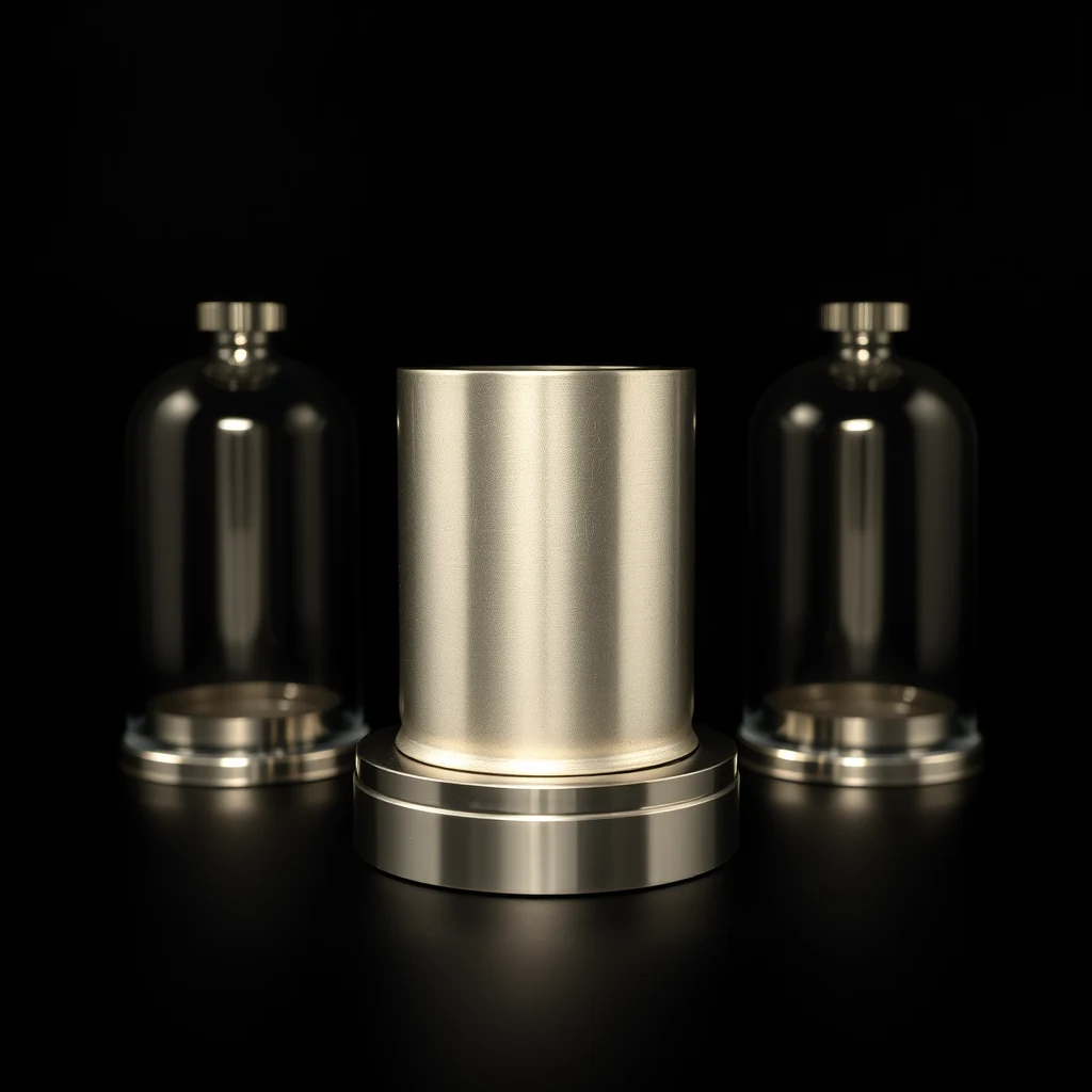 A metallic cylinder, part of the International Prototype of the Kilogram, sits on a circular base with two identical flasks positioned symmetrically behind it against a dark background.
