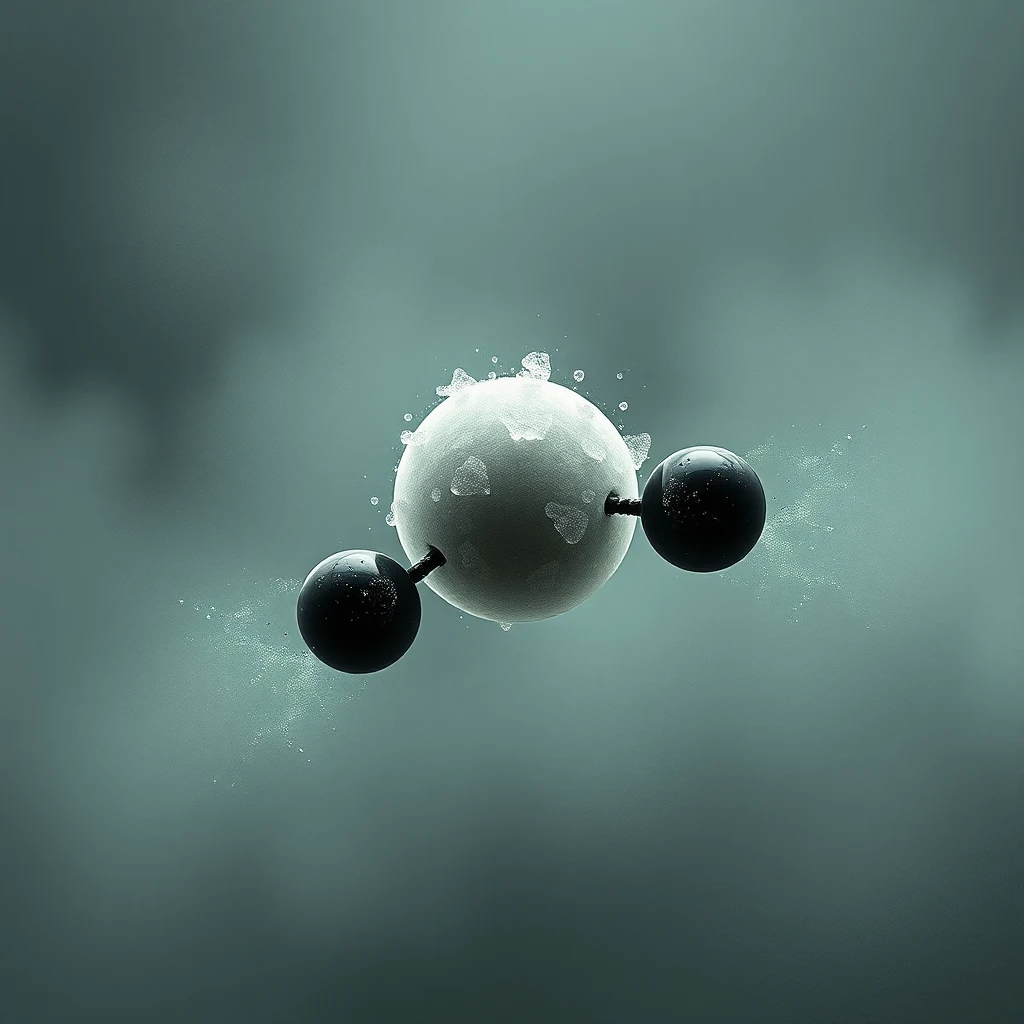 A molecular structure with a central white sphere connected to two smaller black spheres by thin rods, surrounded by a misty, ethereal background, symbolizing the concept of an ionic bond.