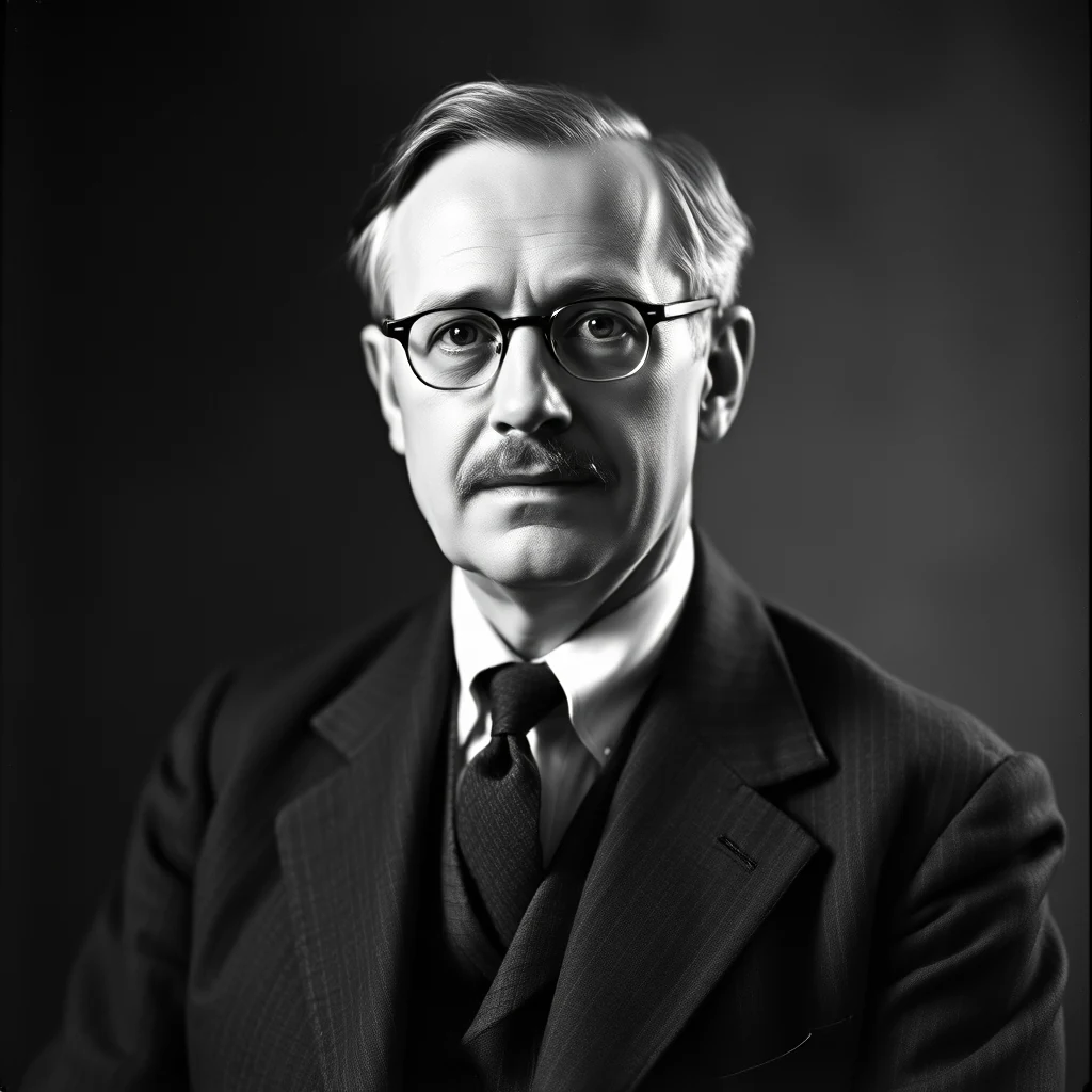 A man wearing glasses and a suit stands against a dark background, exuding a formal and scholarly demeanor.