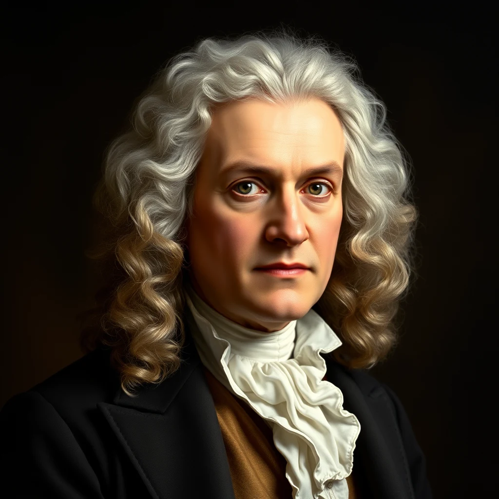 A portrait of Isaac Newton, featuring his distinctive curly white hair and formal attire with a white ruffled collar and dark coat.