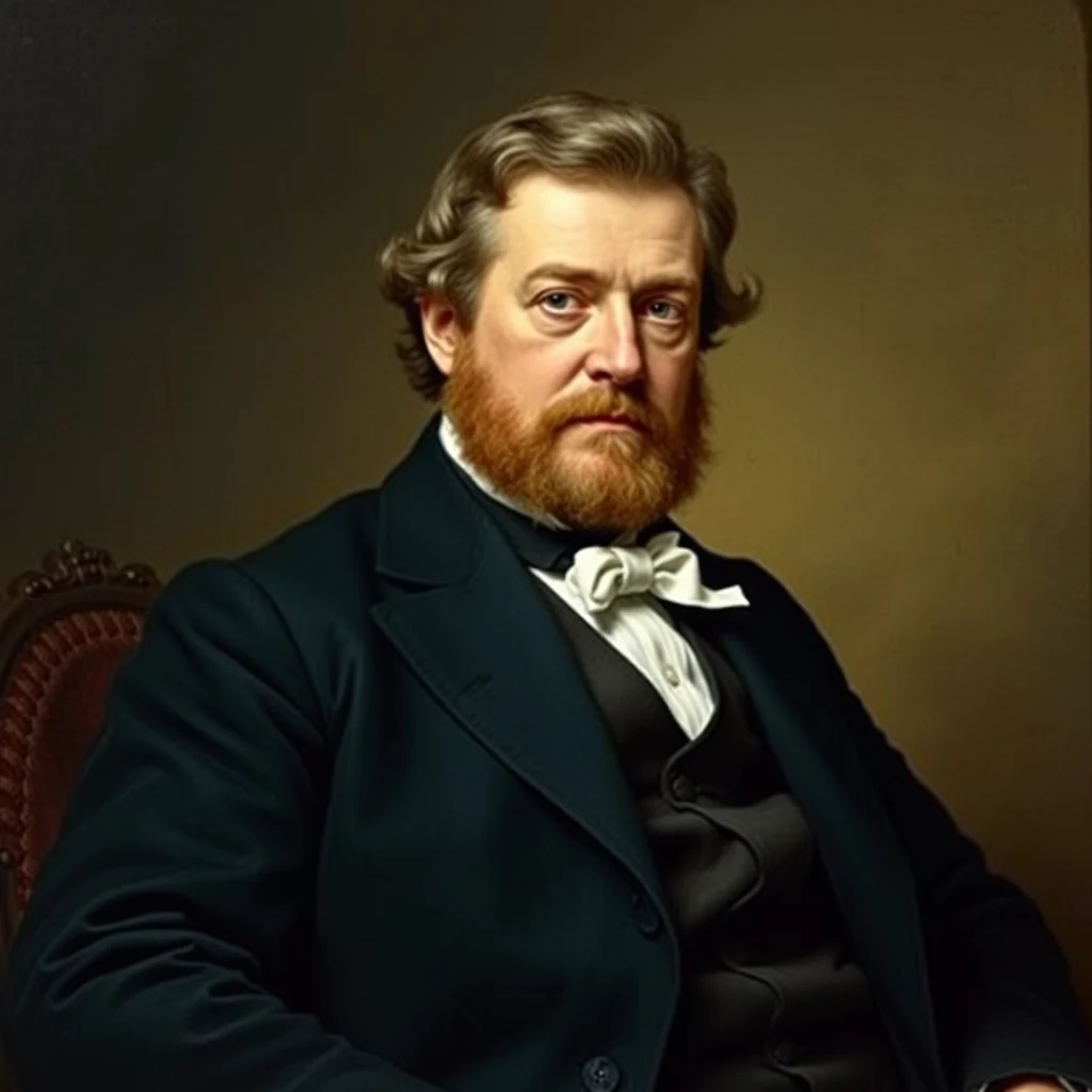 A portrait depicts a man with a full beard and curly hair, dressed in formal Victorian attire, seated on an ornate chair against a warm-toned background.