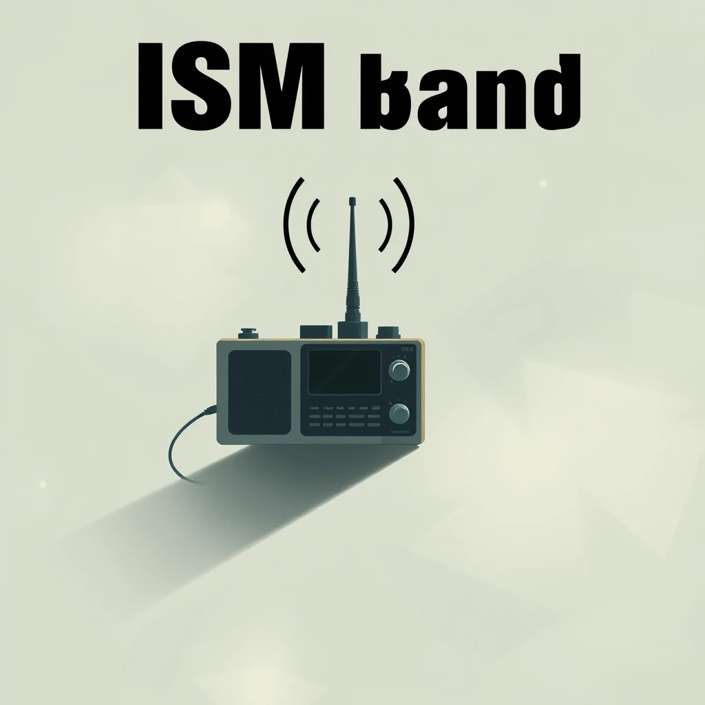 A vintage radio with an antenna emits waves, symbolizing the ISM band, which includes frequencies used for industrial, scientific, and medical applications.