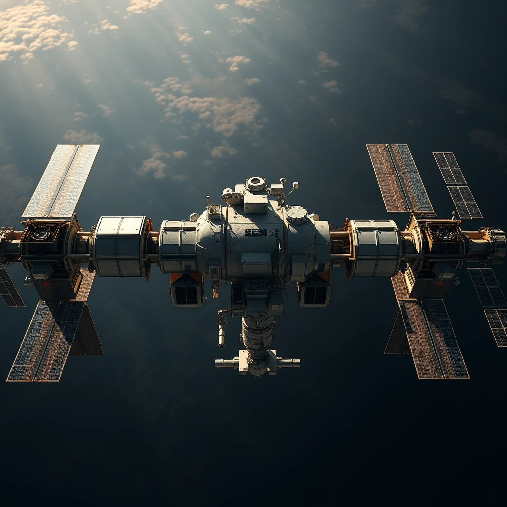 The International Space Station, a modular orbital laboratory, is shown in space with solar panels extending outward, against a backdrop of clouds and sunlight.