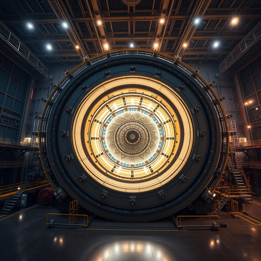A large, intricate circular structure with concentric rings and illuminated details is shown within a spacious industrial setting, representing the ITER tokamak under construction in Cadarache, France.
