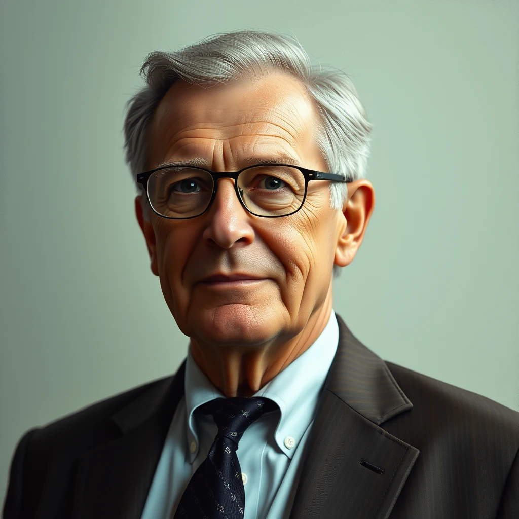 A man with gray hair and glasses wears a dark suit, light blue shirt, and patterned tie against a plain background.