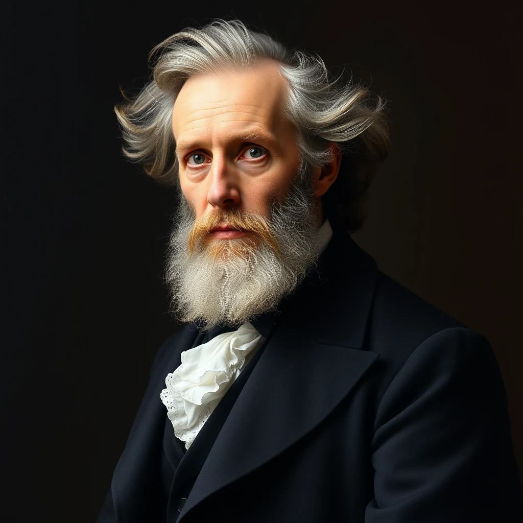 A man with gray hair and a full beard, dressed in formal attire with a white cravat, stands against a dark background.
