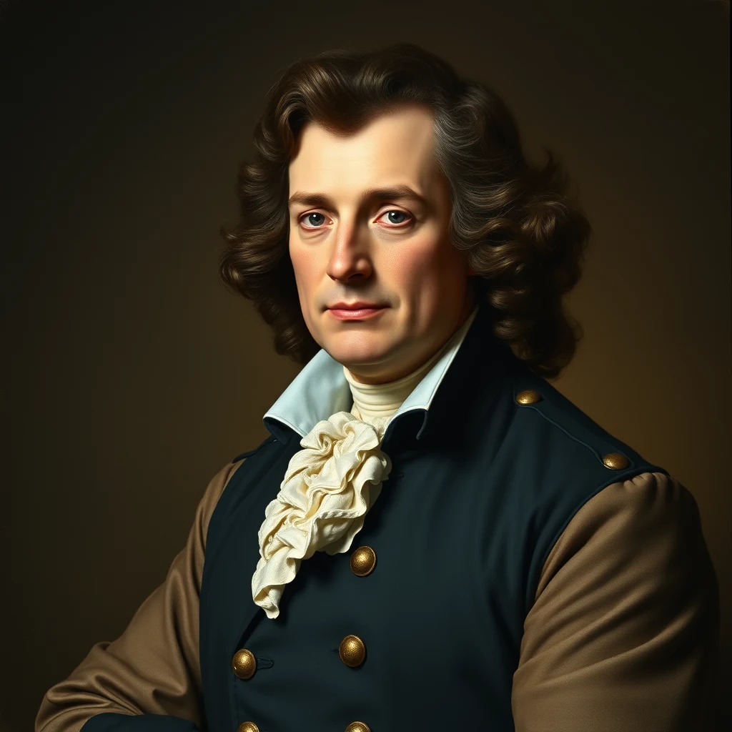 A portrait depicts a man in 18th-century attire, featuring a dark blue coat with gold buttons and a cream-colored cravat, set against a dark background.