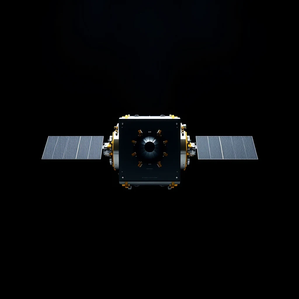 A James Webb Space Telescope is shown against a black background, featuring its large solar panels and central structure with a circular design.