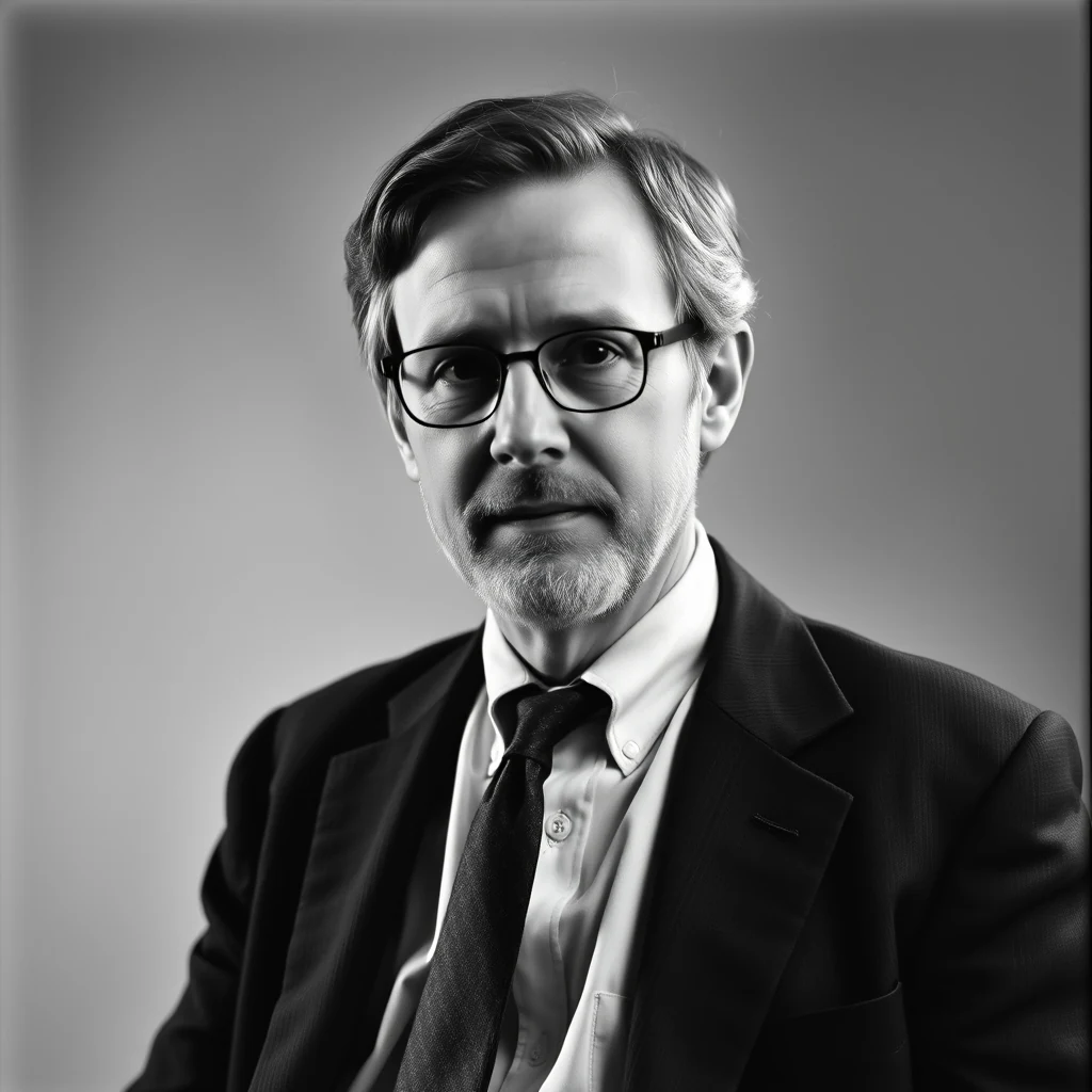 A man wearing glasses and a suit with a tie stands against a neutral background, exuding a professional demeanor.