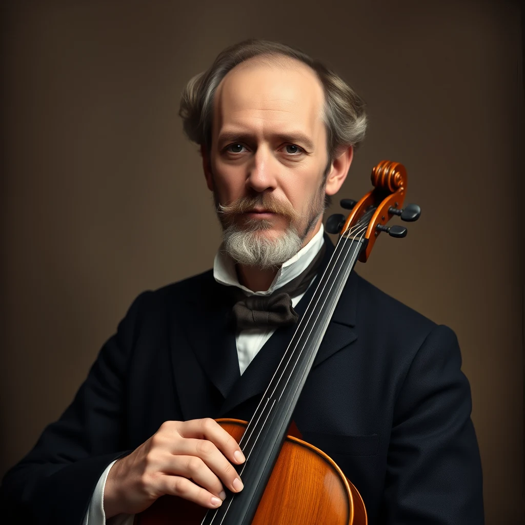 A man dressed in formal attire holds a violin, showcasing a historical connection to the craftsmanship of 19th-century luthiers.