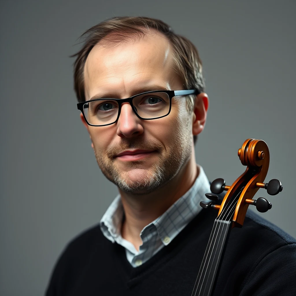 A man wearing glasses and a black sweater over a checkered shirt holds a violin, with a gray background behind him.