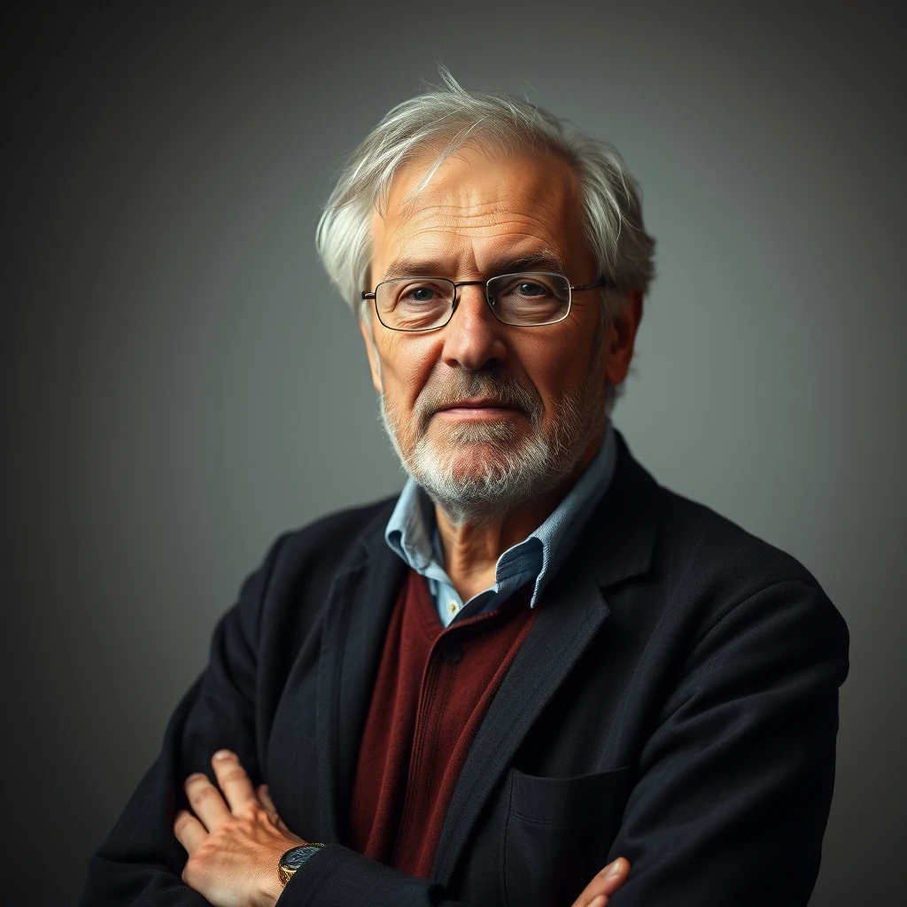 A man with gray hair and glasses, wearing a dark blazer over a maroon sweater and light blue shirt, stands with his arms crossed against a neutral background.
