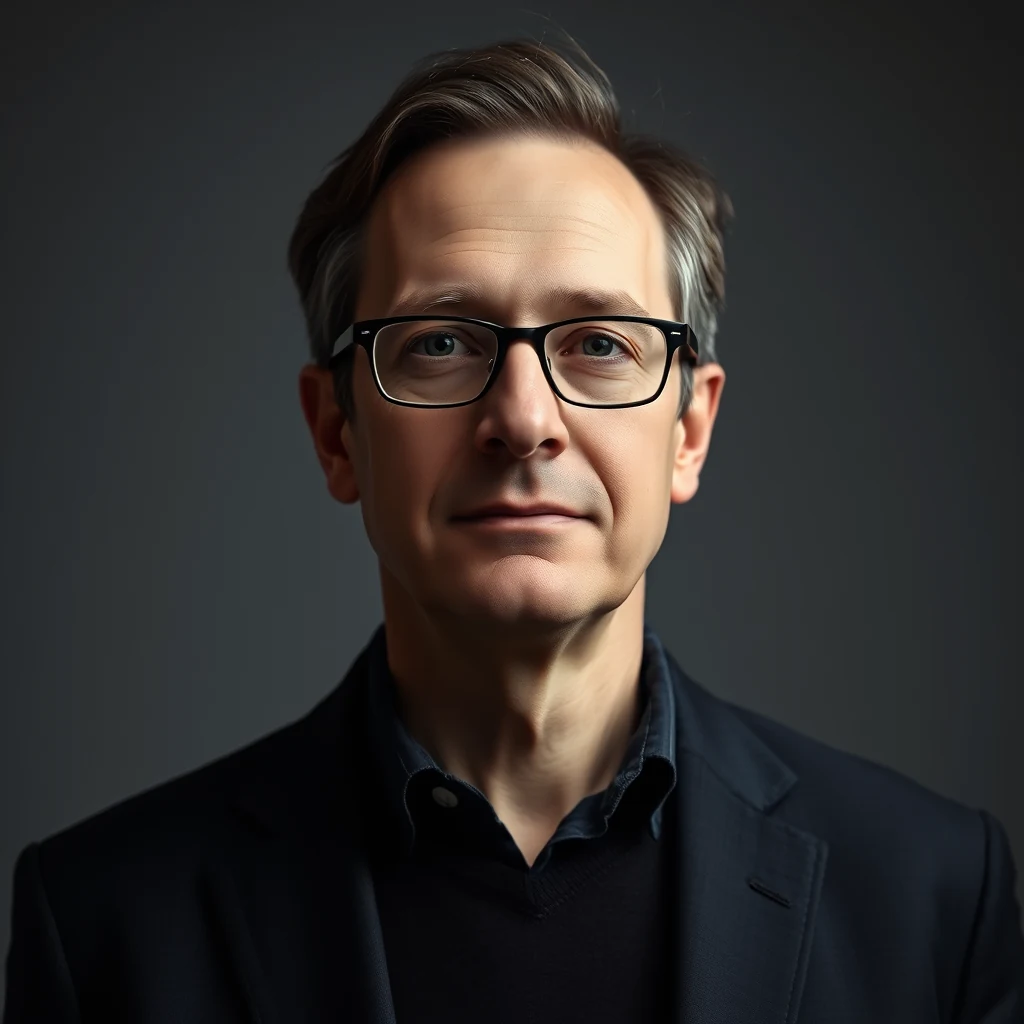 A man with short brown hair and glasses, wearing a dark suit jacket over a collared shirt, stands against a neutral background.