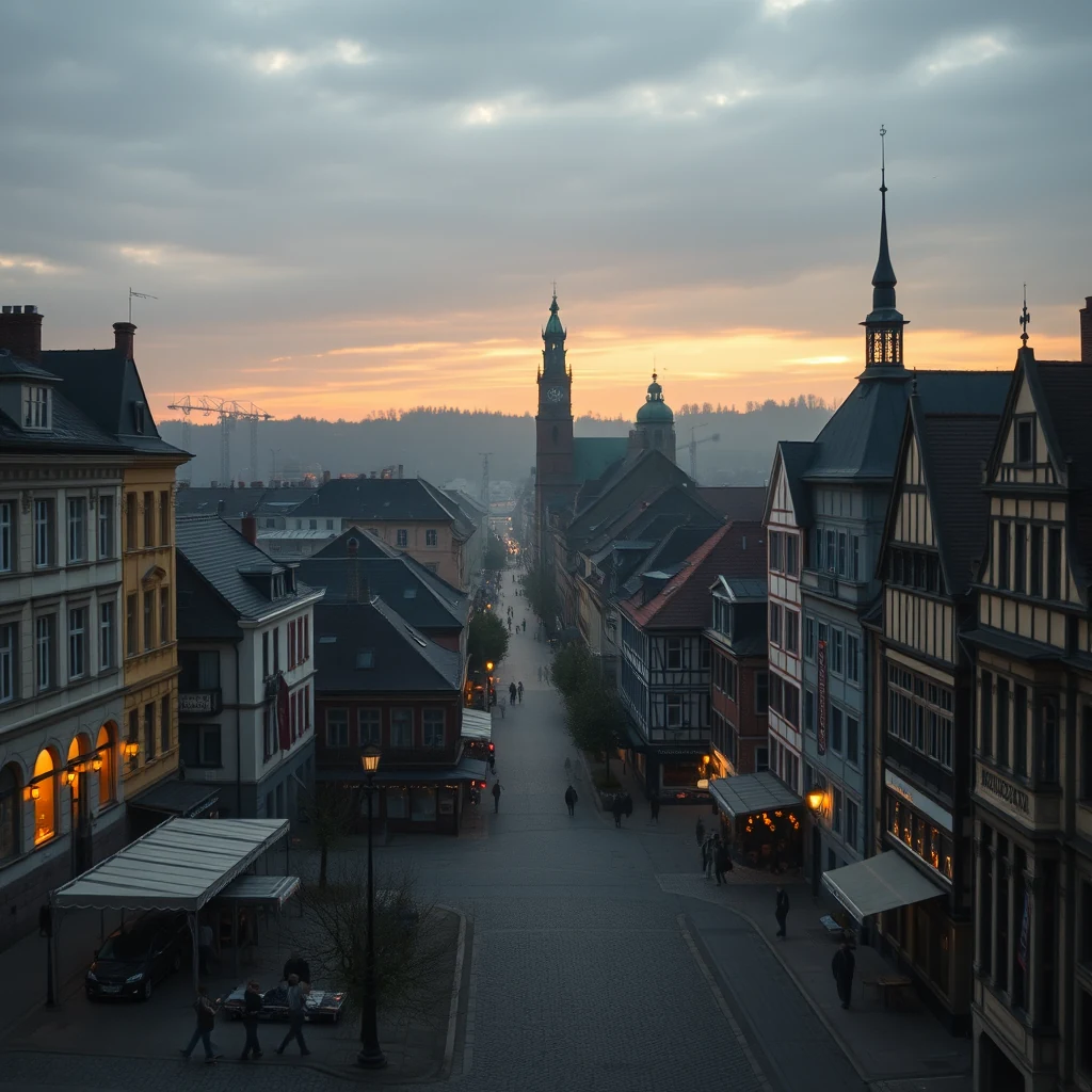 A cobblestone street lined with historic half-timbered buildings leads to a distant church spire under a sunset sky in Jena, a small university town in Thuringia, central Germany.