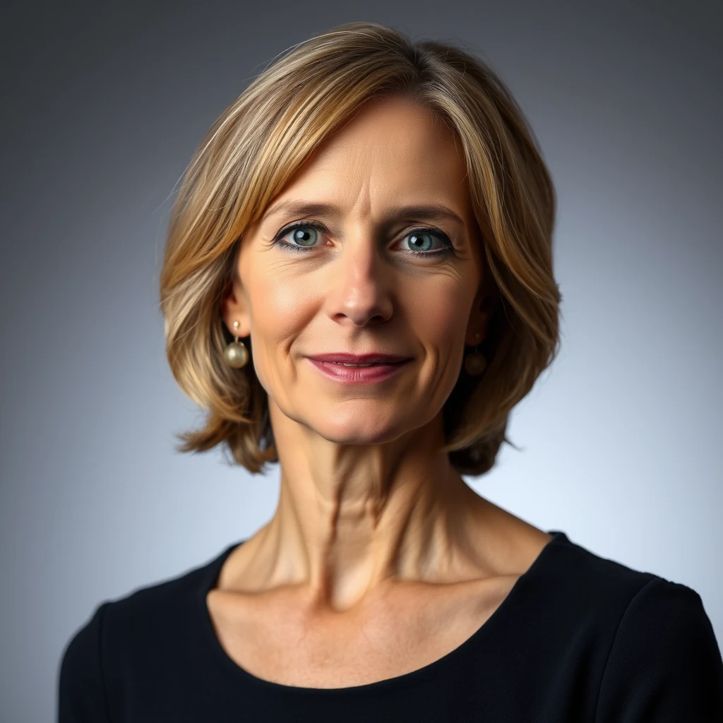 A woman with shoulder-length blonde hair and pearl earrings is wearing a black top against a gradient gray background.