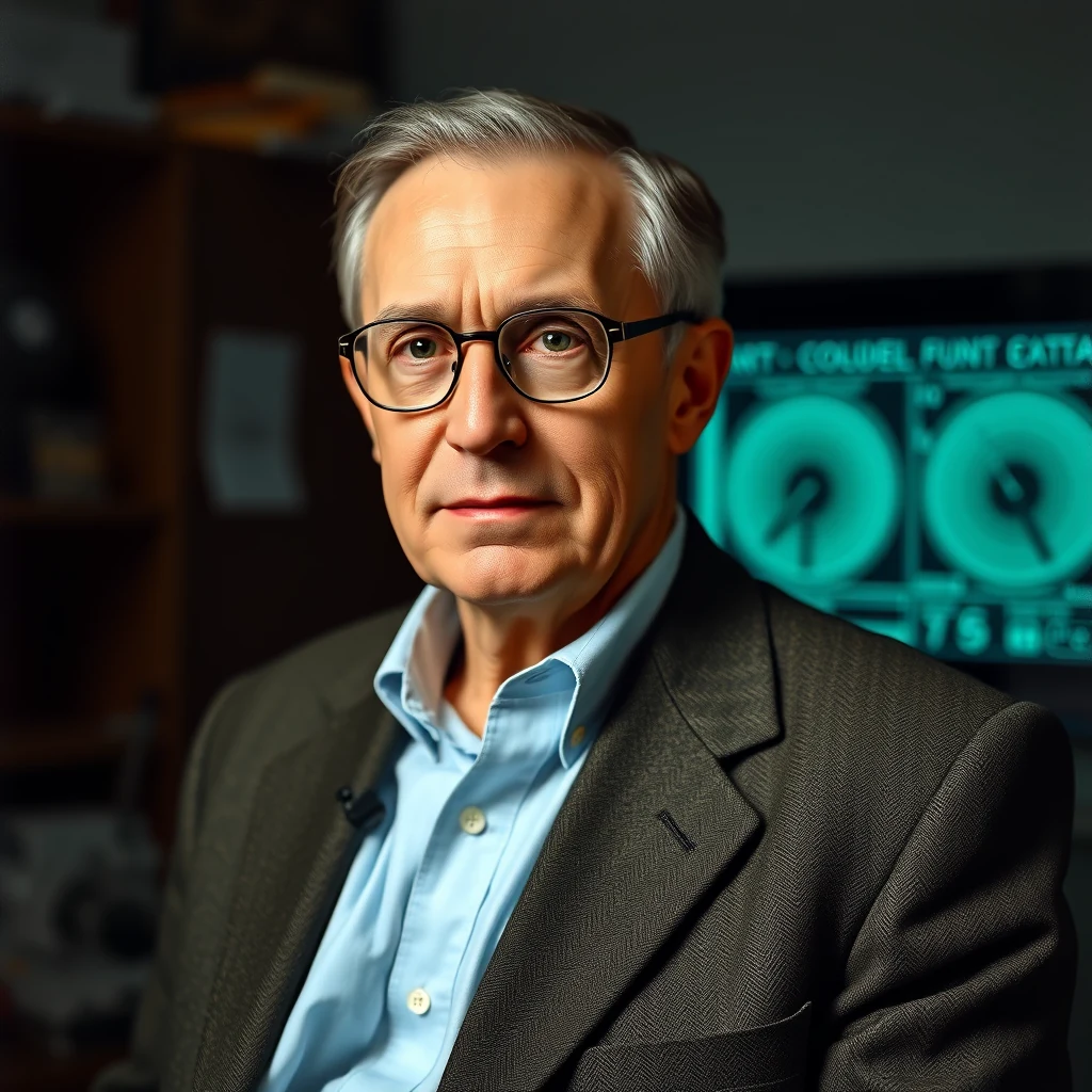 A man with gray hair and glasses, wearing a dark blazer over a light blue shirt, stands in front of a screen displaying scientific symbols and data.