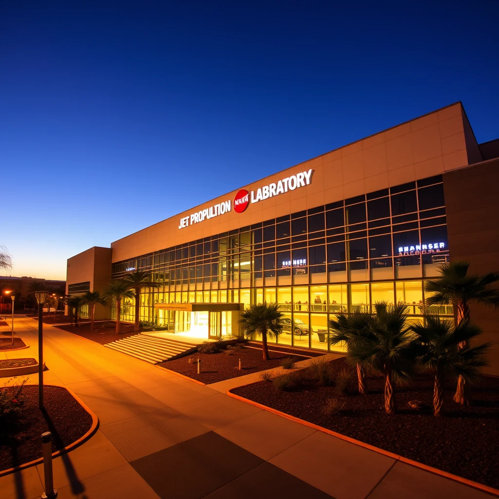 The illuminated Jet Propulsion Laboratory building at dusk showcases its modern architecture with large glass windows and palm trees lining the entrance, under a clear blue sky.