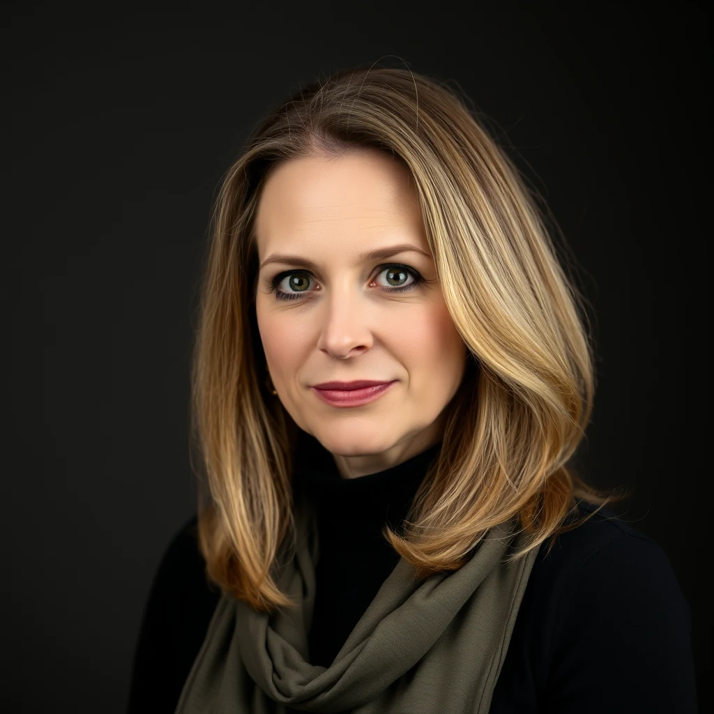 Jill Jonnes, an American historian and author, is seen wearing a black top with a green scarf, set against a dark background.
