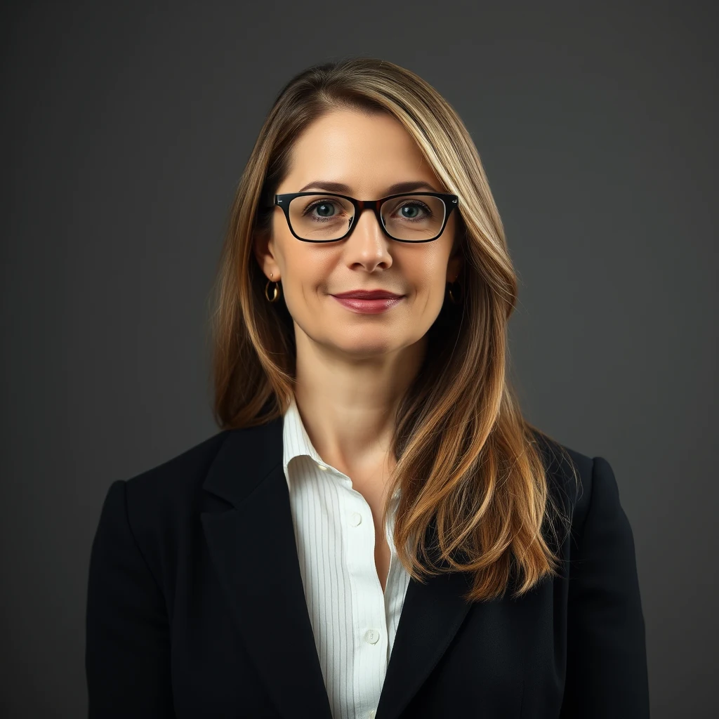 A woman with shoulder-length blonde hair wearing glasses, a black blazer over a white button-up shirt, stands against a dark background.