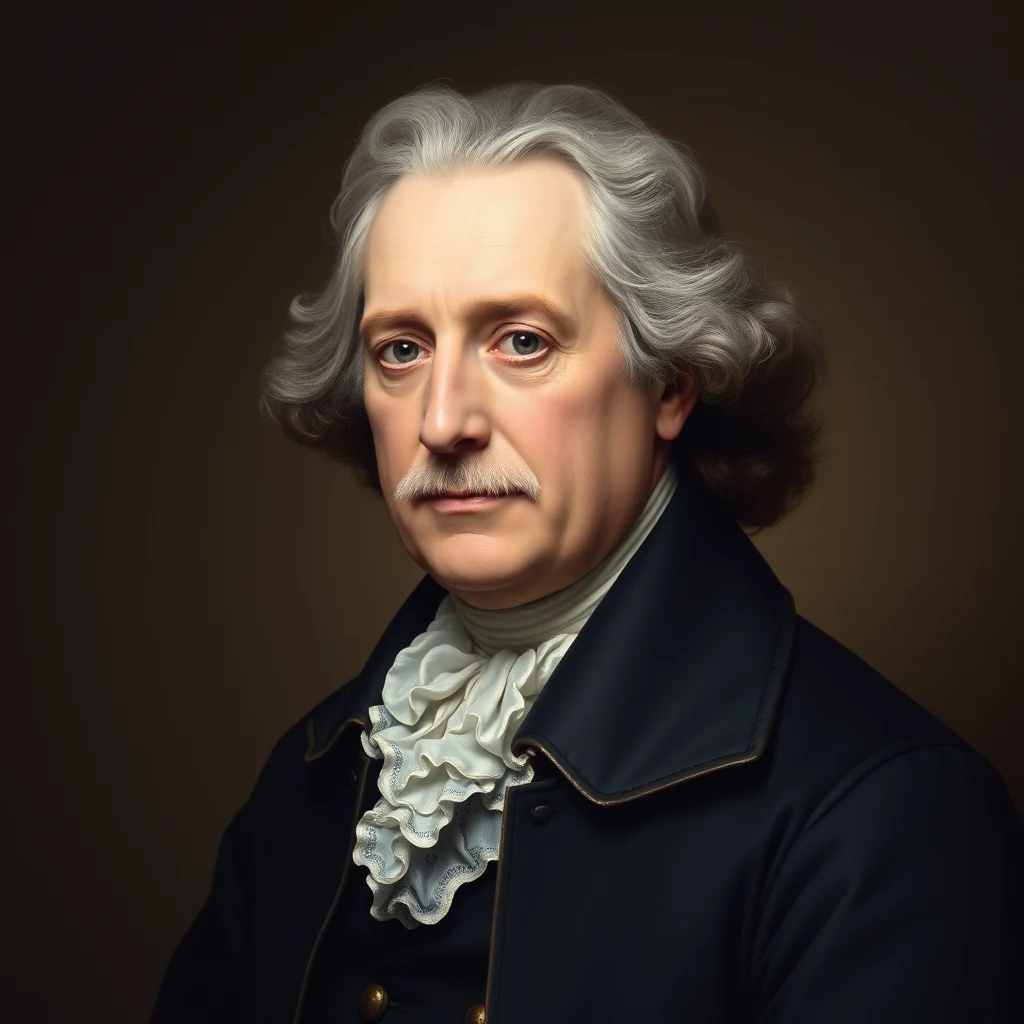Johann Samuel Koenig, a Swiss mathematician from the 18th century, is depicted with gray hair, wearing a dark coat with a white ruffled collar, set against a dark background.