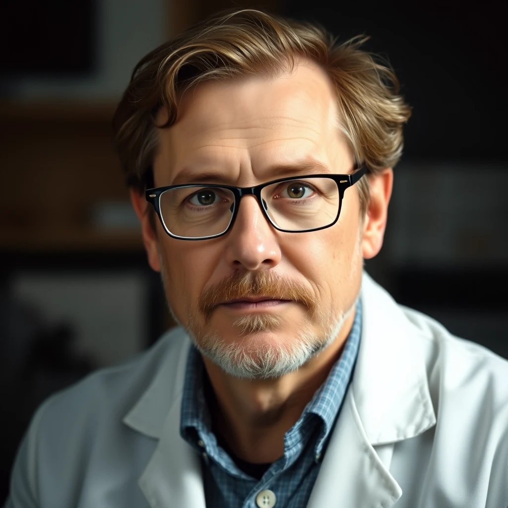 A man with light brown hair and glasses, wearing a white lab coat over a blue checkered shirt, is depicted in the image.