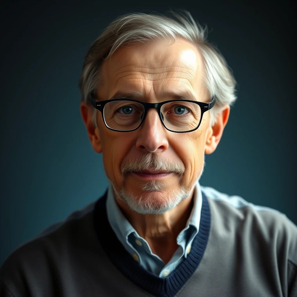 A man with gray hair and glasses wears a light gray sweater over a blue collared shirt.