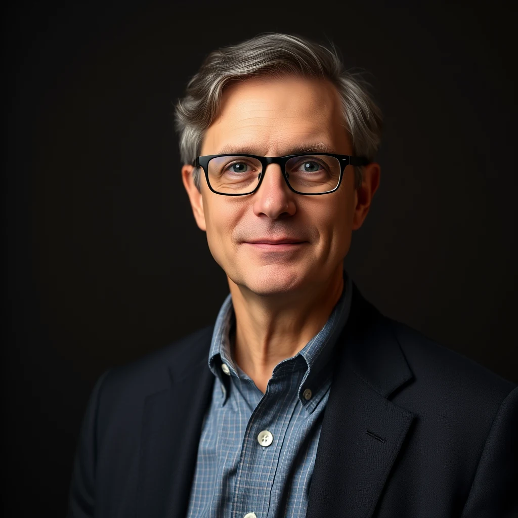 A man wearing glasses and a dark blazer over a blue checkered shirt stands against a dark background, smiling gently.