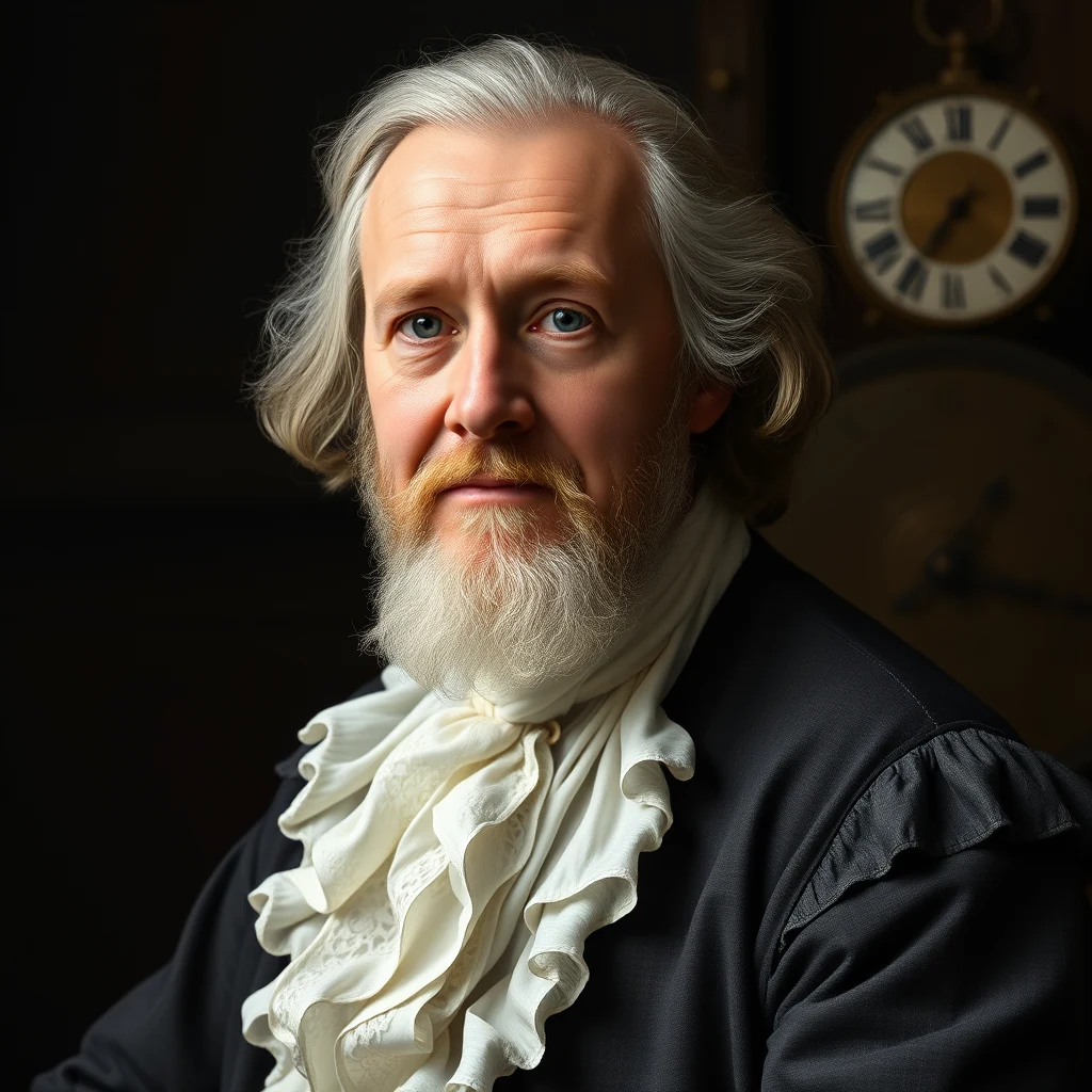 A portrait of John Harrison, an English clockmaker from the 18th century, wearing a black coat with a white ruffled cravat, set against a dark background with a clock visible behind him.